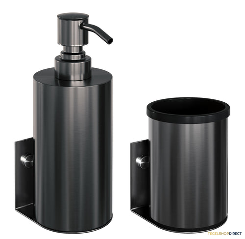 Zeepdispenser en Beker BRAUER Model A Incl. Wand Ophanging en Magnetisch opzetvlak Geborsteld Gunmetal