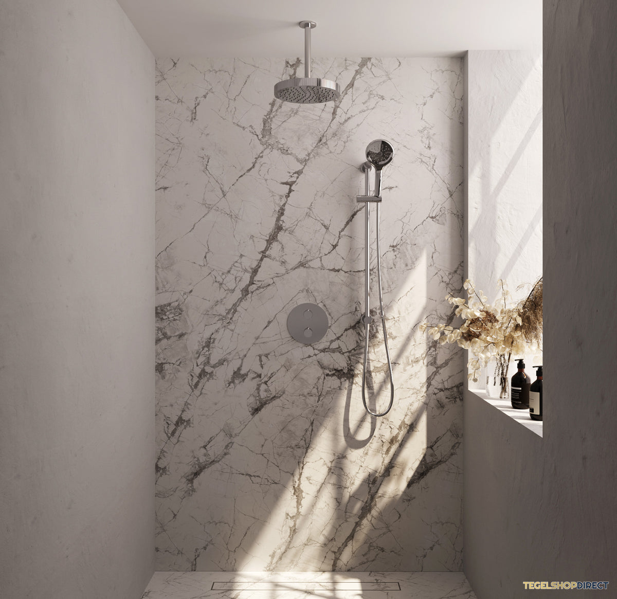 Brauer Stripe thermostatische inbouw regendouche 3-weg rond SET 48 met 25 cm douchekop en plafondarm en 3-standen handdouche en doucheslang en geintegreerde glijstang chroom – afbeelding 2