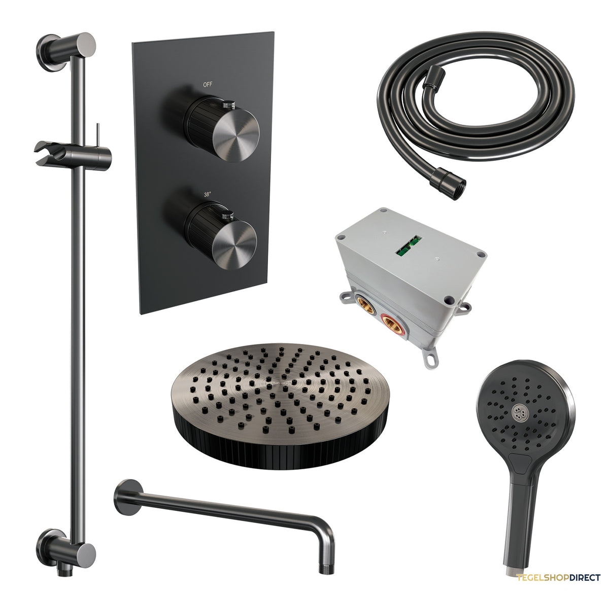 Brauer Stripe thermostatische inbouw regendouche 3-weg rechthoekig SET 23 met 25 cm douchekop en gebogen muurarm en 3-standen handdouche en doucheslang en geintegreerde glijstang gunmetal geborsteld PVD – afbeelding 3