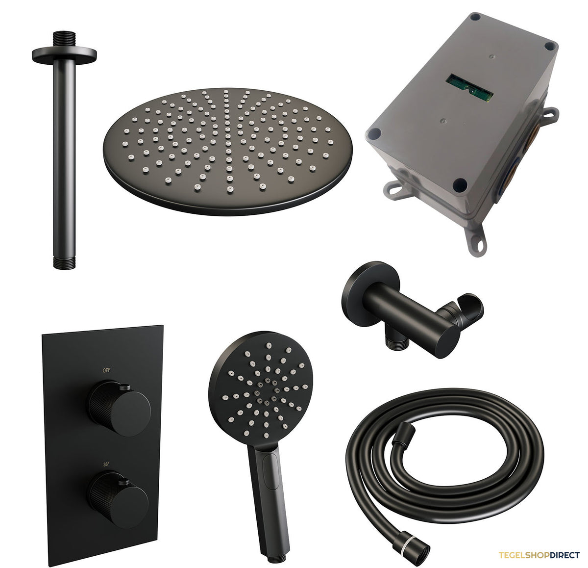 Regendoucheset Inbouw Brauer Black Carving Thermostatisch 30cm met 3-Weg Omstelling, Plafondarm en 3-Standen Handdouche Mat Zwart – afbeelding 3
