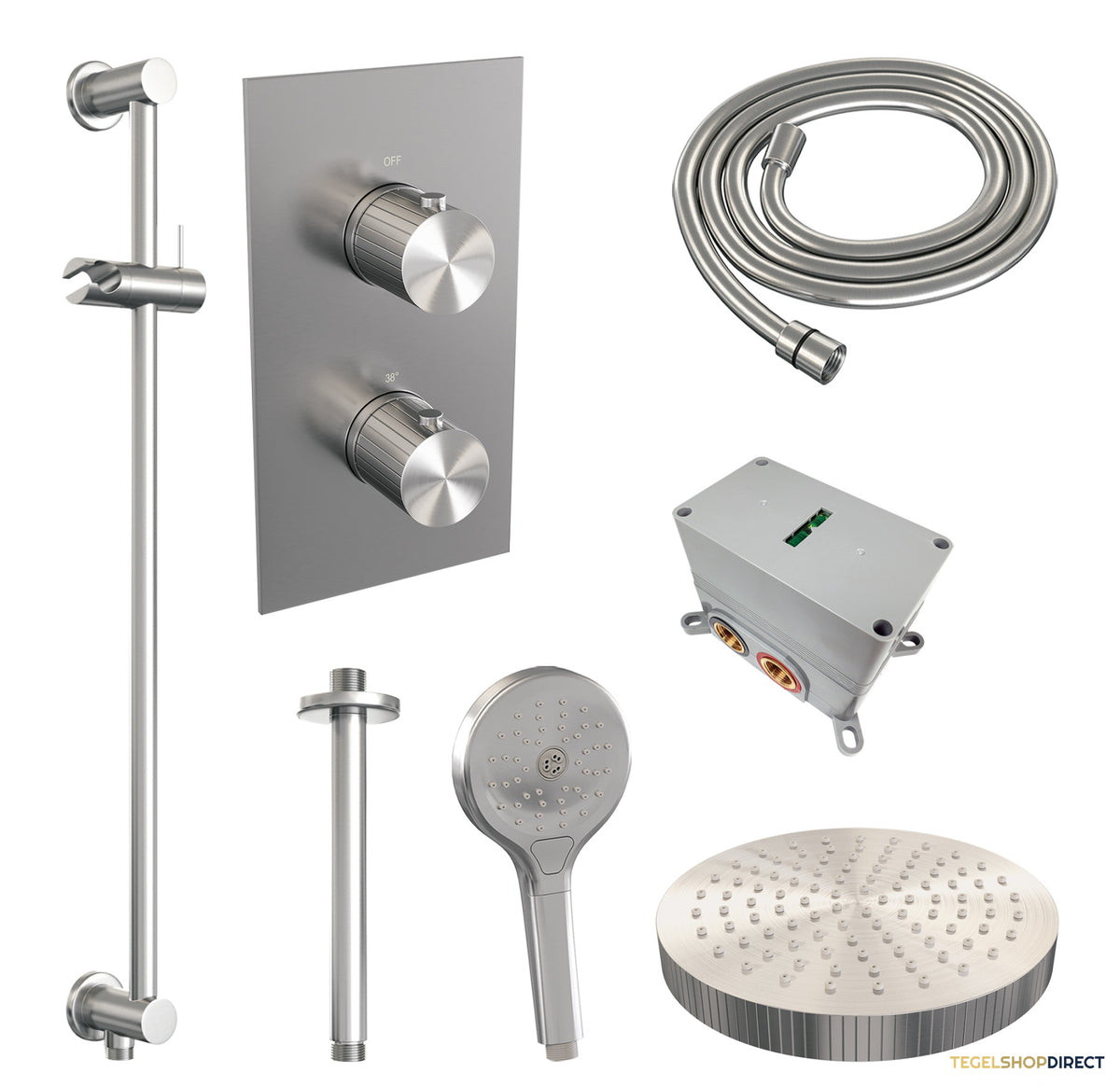 Brauer Stripe thermostatische inbouw regendouche 3-weg rechthoekig SET 24 met 25 cm douchekop en plafondarm en 3-standen handdouche en doucheslang en geintegreerde glijstang RVS-kleurig geborsteld PVD – afbeelding 3