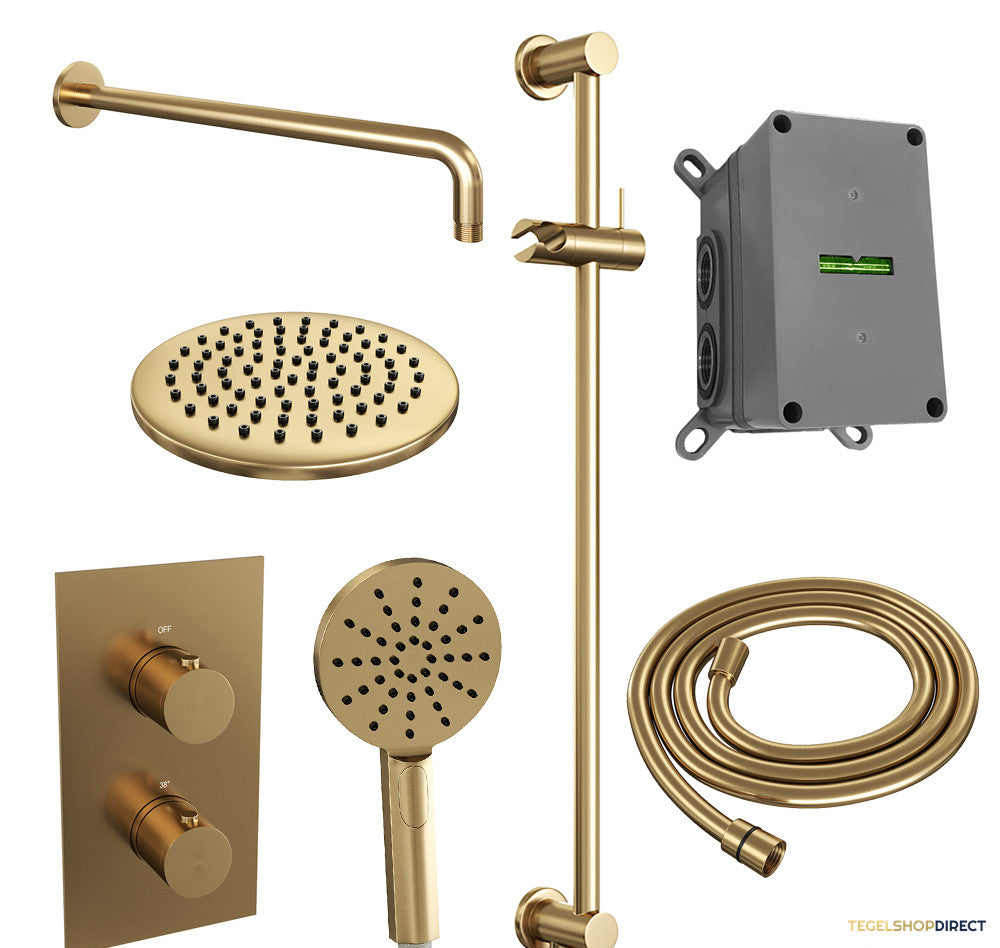 Regendoucheset Inbouw Brauer Gold Edition Thermostatisch 20cm met 3-Weg Omstelling, Gebogen Wandarm, Glijstang en Handdouche 3-Standen Geborsteld Goud – afbeelding 2