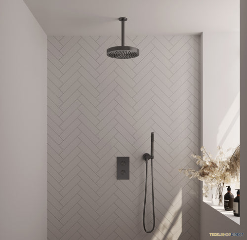 Brauer Stripe thermostatische inbouw regendouche 3-weg rechthoekig SET 15 met 25 cm douchekop en plafondarm en staaf handdouche en doucheslang en wandaansluitbocht gunmetal geborsteld PVD