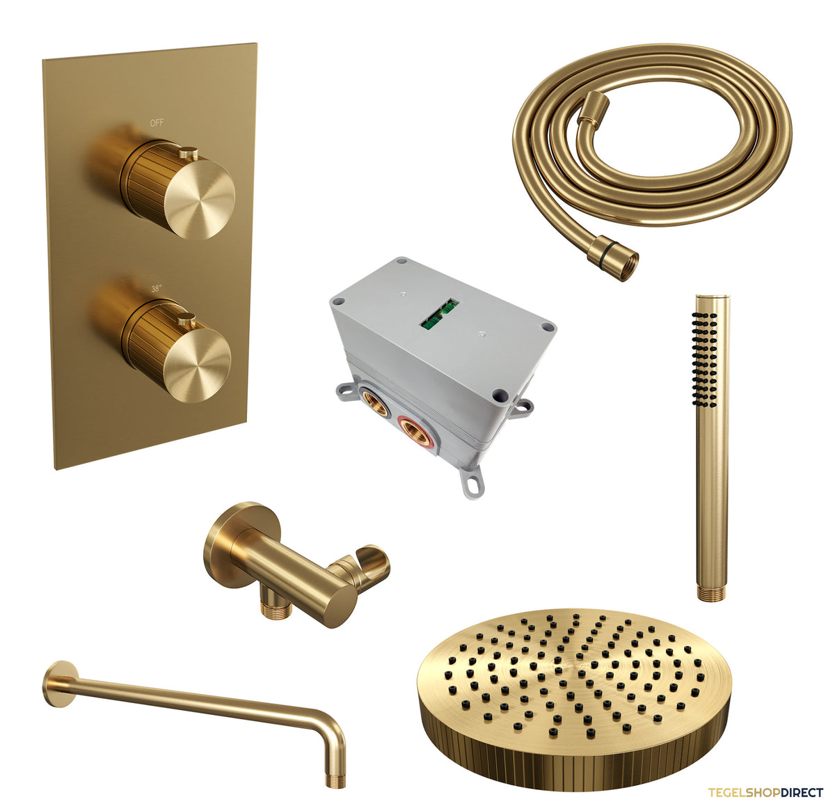 Brauer Stripe thermostatische inbouw regendouche 3-weg rechthoekig SET 14 met 25 cm douchekop en gebogen muurarm en staaf handdouche en doucheslang en wandaansluitbocht goud geborsteld PVD – afbeelding 3