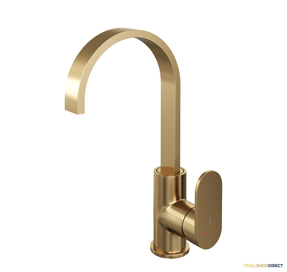 Wastafelmengkraan Brauer Gold Edition Coldstart Opbouw Hoog Plat Gebogen Platte Hendel Geborsteld Goud PVD