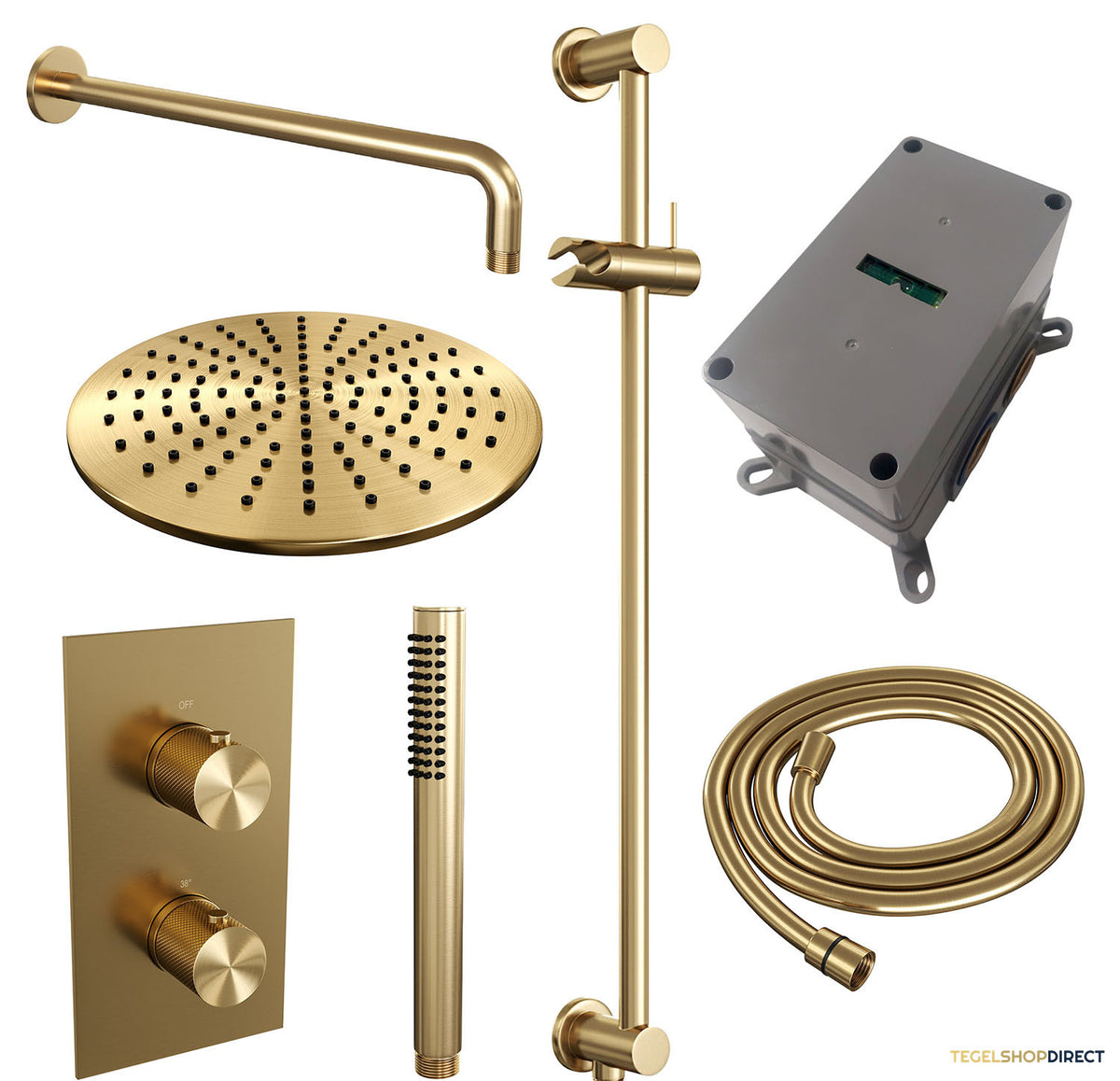 Regendoucheset Inbouw Brauer Gold Carving Thermostatisch 30cm met 3-Weg Omstelling, Gebogen Wandarm, Glijstang en Staaf Handdouche Geborsteld Goud – afbeelding 4