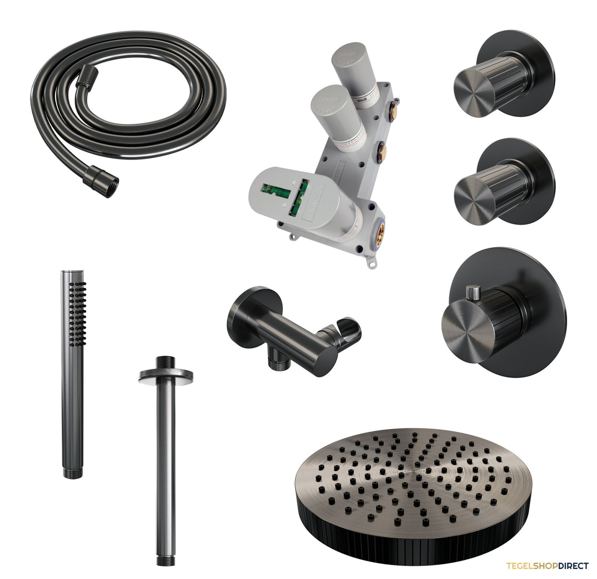 Brauer Stripe thermostatische inbouw regendouche SET 03 met 25 cm douchekop en plafondarm en staaf handdouche en doucheslang en wandaansluitbocht gunmetal geborsteld PVD – afbeelding 3