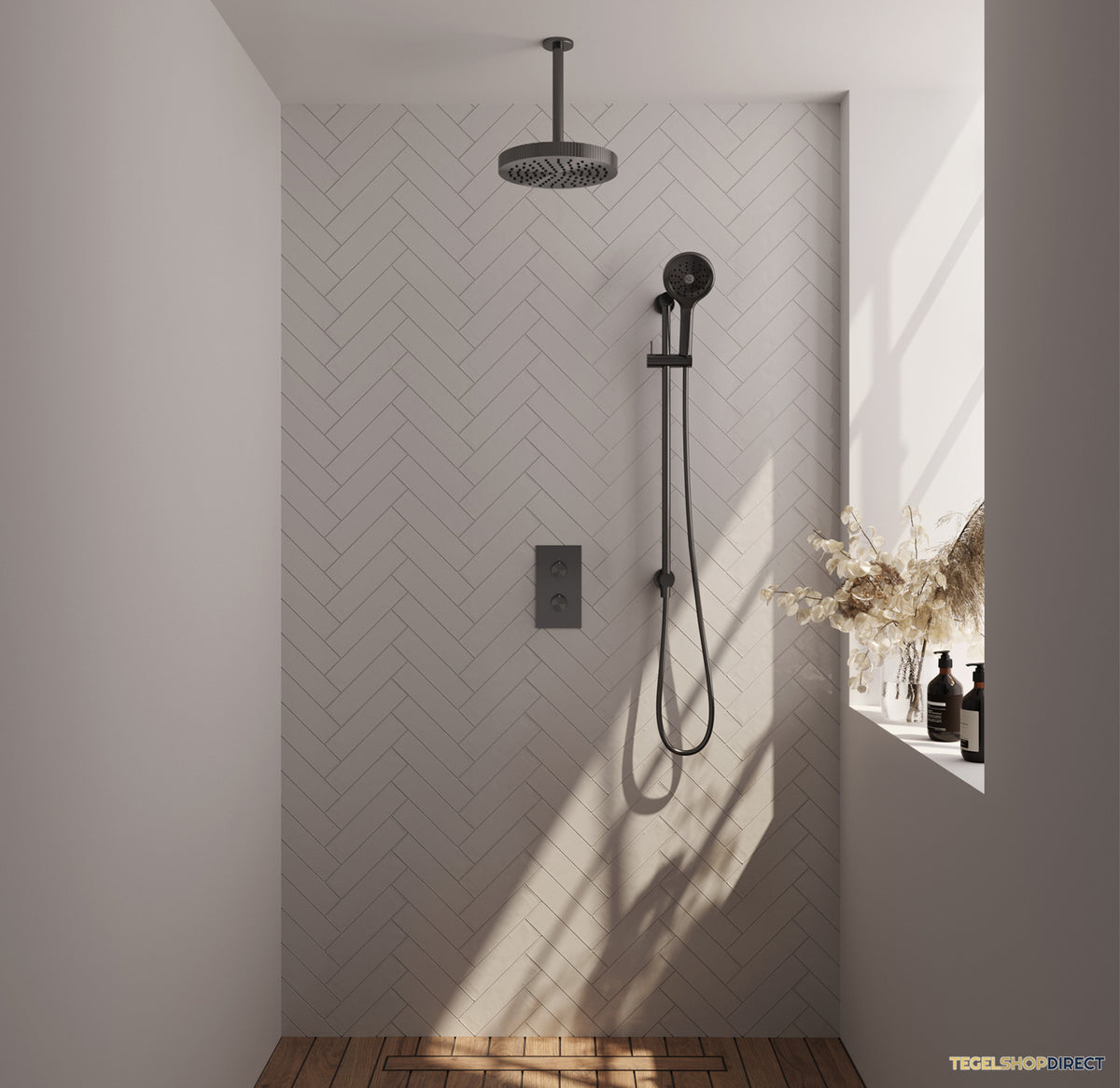 Brauer Stripe thermostatische inbouw regendouche 3-weg rechthoekig SET 24 met 25 cm douchekop en plafondarm en 3-standen handdouche en doucheslang en geintegreerde glijstang gunmetal geborsteld PVD – afbeelding 2