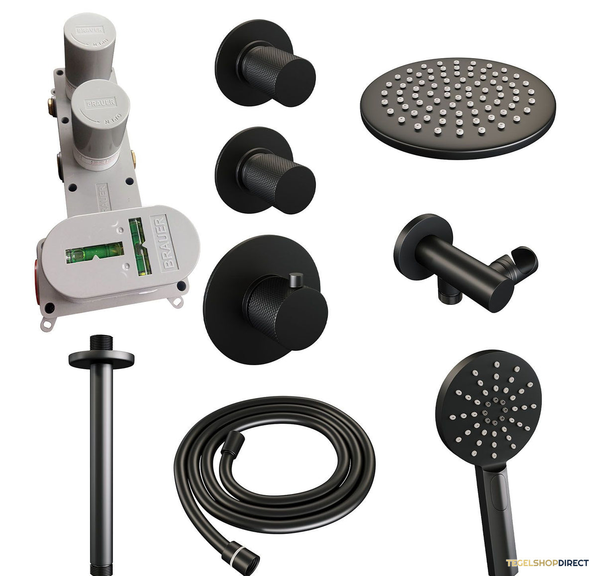 Regendoucheset Inbouw Brauer Black Carving Thermostatisch 20cm met Plafondarm en Handdouche 3-Standen Losse Stopkranen Mat Zwart – afbeelding 3