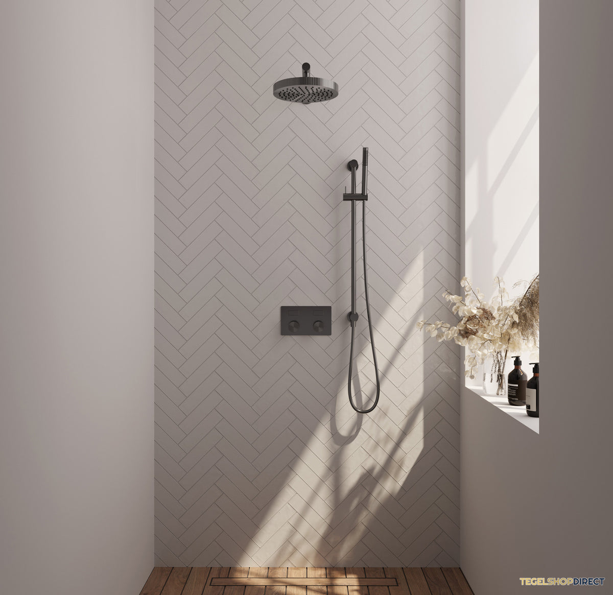 Brauer Stripe thermostatische inbouw regendouche met drukknoppen SET 31 met 25 cm douchekop en rechte muurarm en staaf handdouche en doucheslang en geintegreerde glijstang gunmetal geborsteld PVD – afbeelding 2