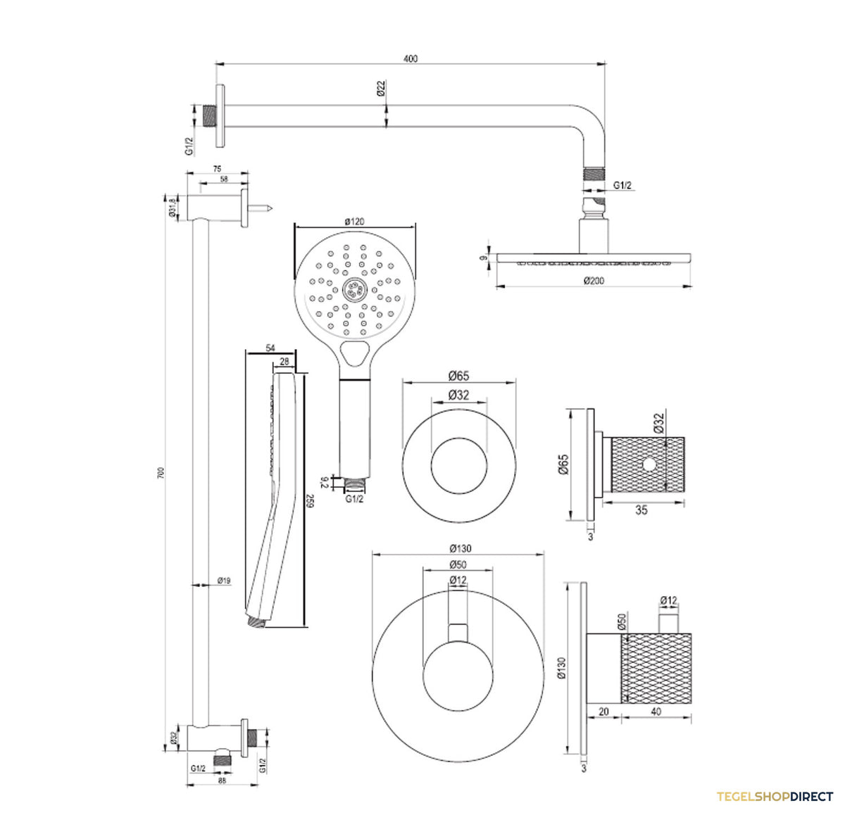 Regendoucheset Inbouw Brauer Copper Carving Thermostatisch 20cm met Gebogen Wandarm, Glijstang en Handdouche 3-Standen Losse Stopkranen Geborsteld Koper – afbeelding 13