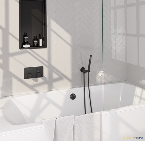 Brauer Stripe thermostatische inbouw badkraan met drukknoppen SET 03 met badvulcombinatie en staaf handdouche en doucheslang en wandaansluitbocht mat zwart