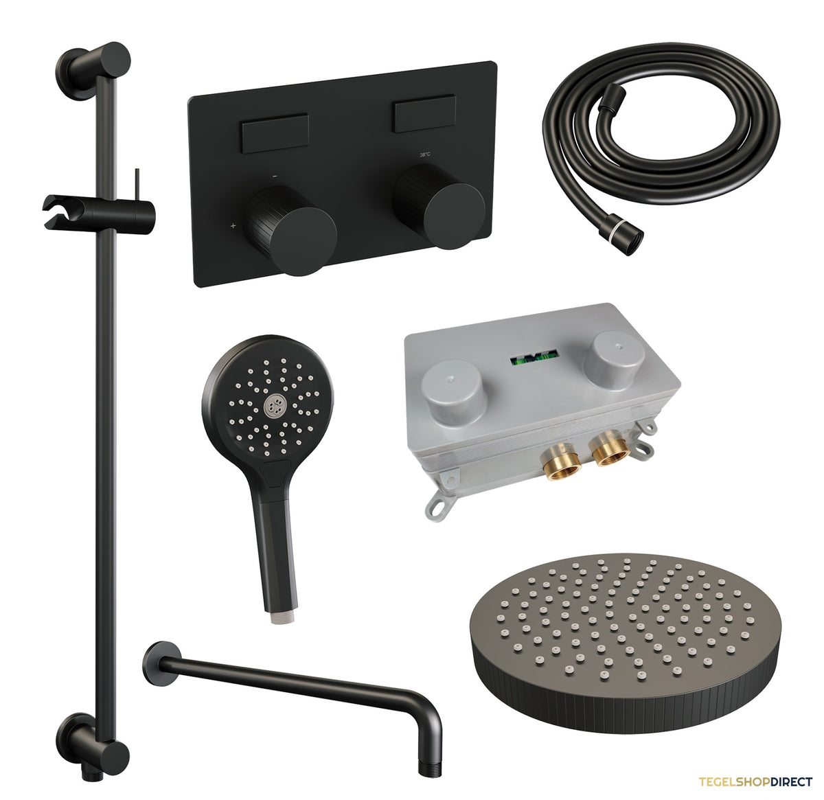 Brauer Stripe thermostatische inbouw regendouche met drukknoppen SET 35 met 25 cm douchekop en gebogen muurarm en 3-standen handdouche en doucheslang en geintegreerde glijstang mat zwart – afbeelding 3