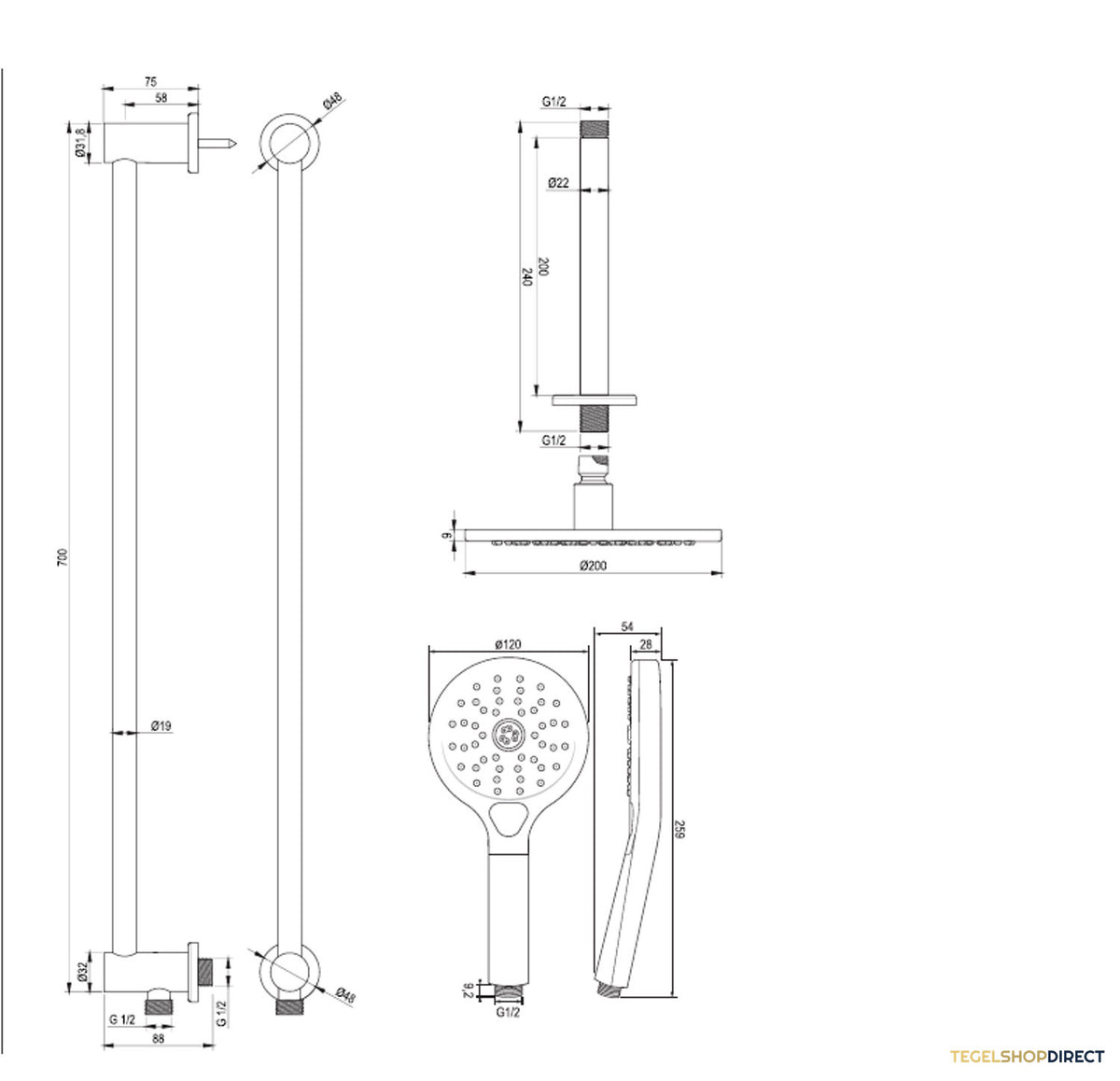 Regendoucheset Inbouw Brauer Copper Carving Thermostatisch 20cm met Plafondarm, Glijstang en Handdouche 3-Standen Losse Stopkranen Geborsteld Koper – afbeelding 12