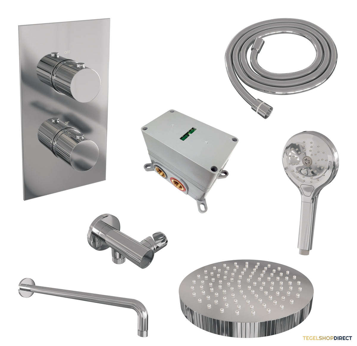 Brauer Stripe thermostatische inbouw regendouche 3-weg rechthoekig SET 17 met 25 cm douchekop en gebogen muurarm en 3-standen handdouche en doucheslang en wandaansluitbocht chroom – afbeelding 3