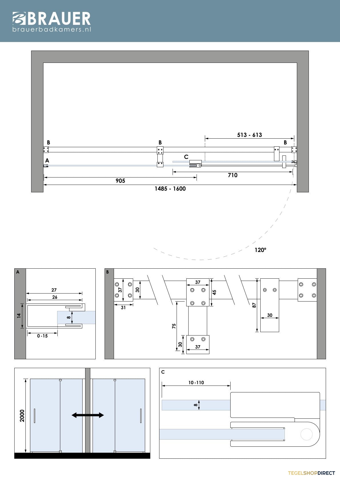 BRAUER Stellar nisdeur 2-delig draaiend helder glas 160x200 omkeerbaar incl. glascoating PVD gunmetal geborsteld – afbeelding 7