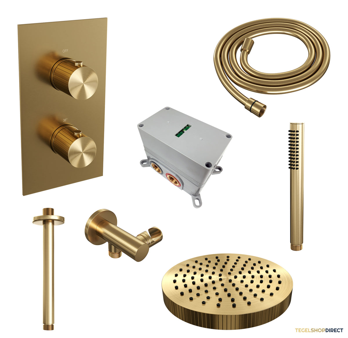 Brauer Stripe thermostatische inbouw regendouche 3-weg rechthoekig SET 15 met 25 cm douchekop en plafondarm en staaf handdouche en doucheslang en wandaansluitbocht goud geborsteld PVD – afbeelding 3