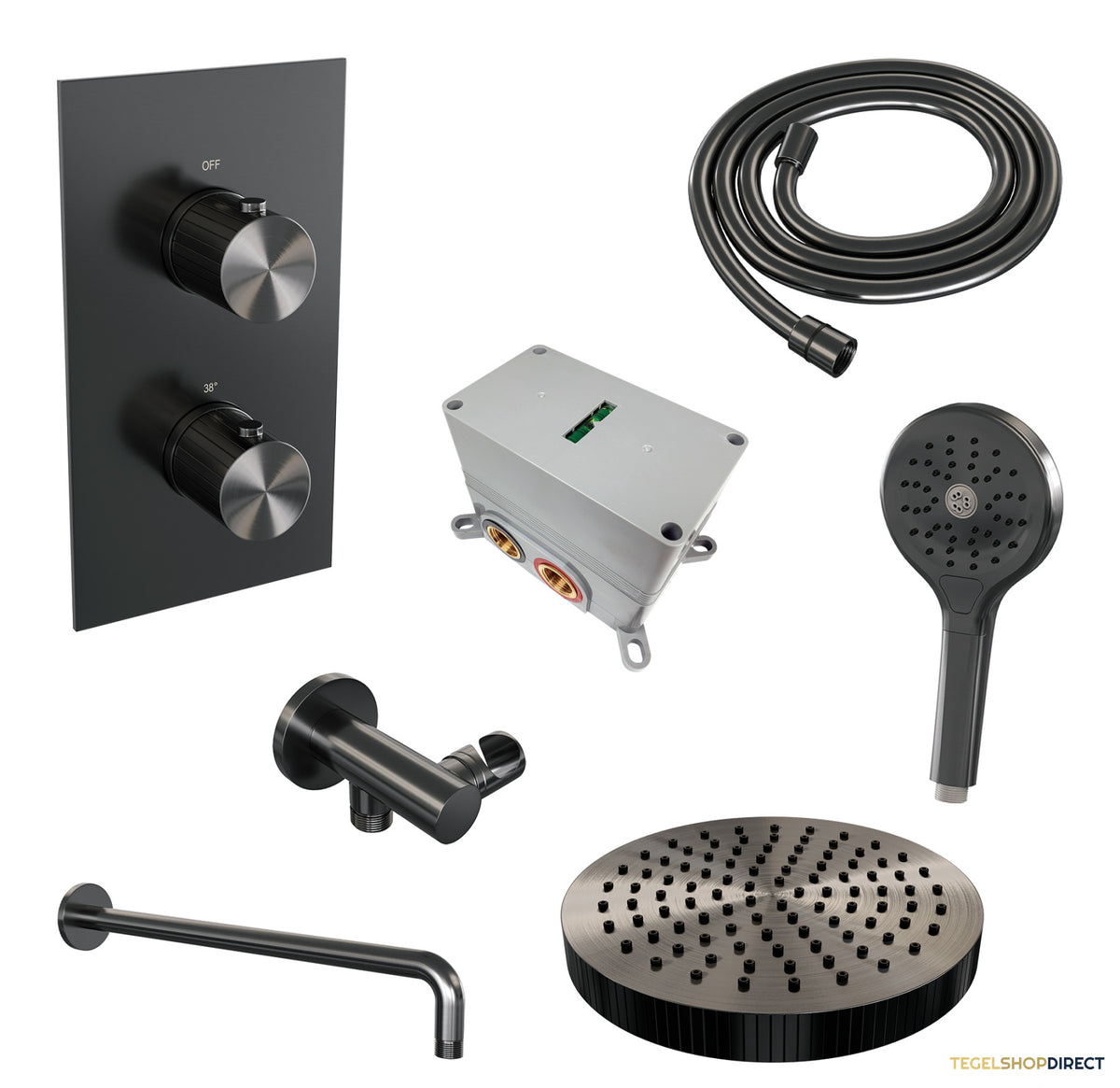Brauer Stripe thermostatische inbouw regendouche 3-weg rechthoekig SET 17 met 25 cm douchekop en gebogen muurarm en 3-standen handdouche en doucheslang en wandaansluitbocht gunmetal geborsteld PVD – afbeelding 3