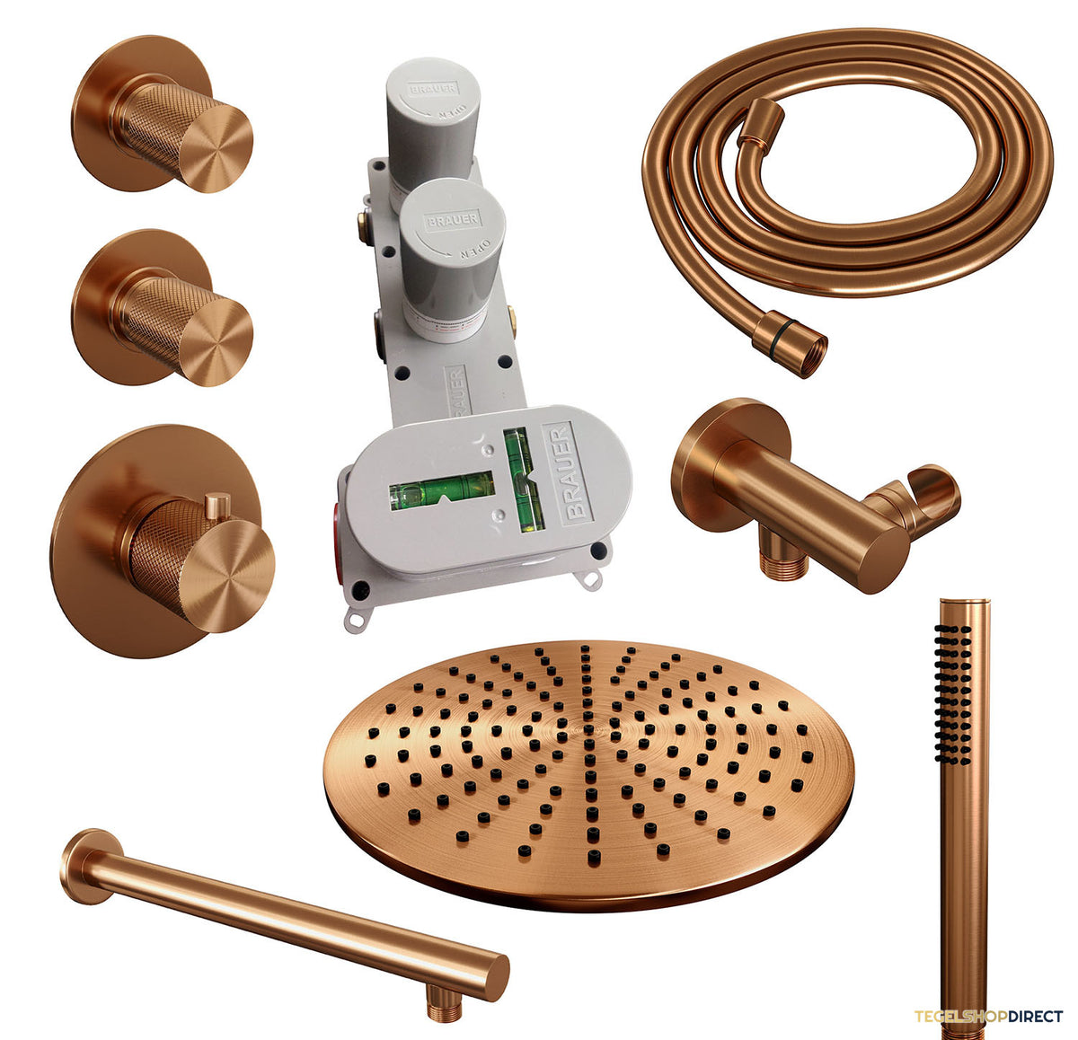 Regendoucheset Inbouw Brauer Copper Carving Thermostatisch 30cm met Wandarm en Handdouche Staaf Losse Stopkranen Geborsteld Koper – afbeelding 3