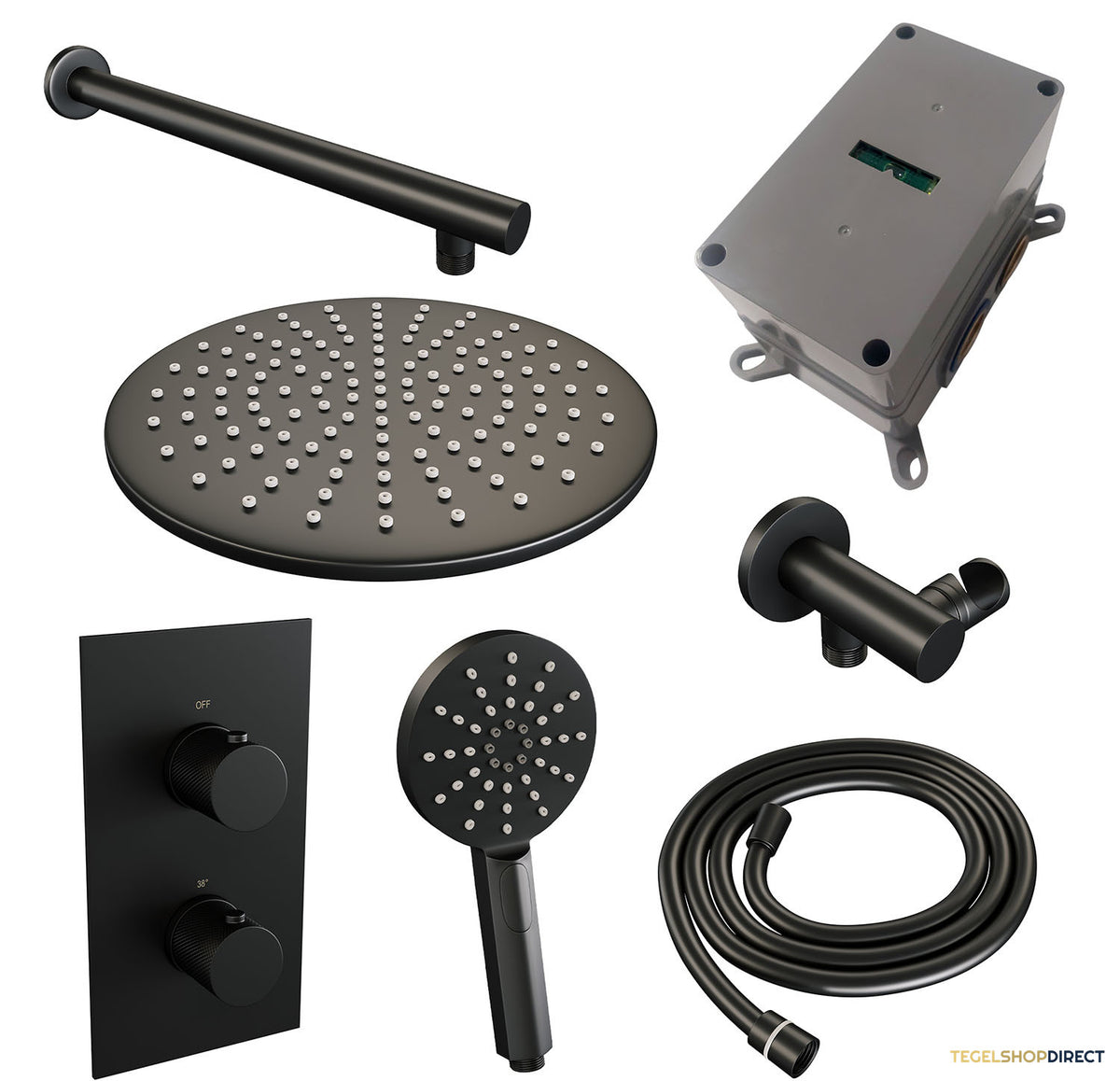 Regendoucheset Inbouw Brauer Black Carving Thermostatisch 30cm met 3-Weg Omstelling, Wandarm en 3-Standen Handdouche Mat Zwart – afbeelding 3