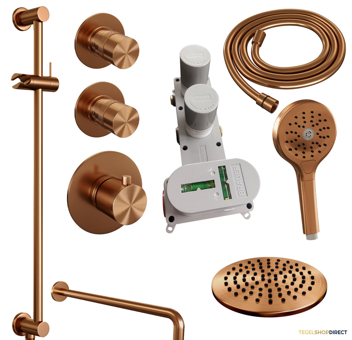 Inbouw Regendouche Set Brauer Copper Edition Gebogen Wanduitloop Ronde Hoofddouche 20 cm Met Twee Stopkranen Glijstang en Handdouche 3 Standen Koper – afbeelding 10