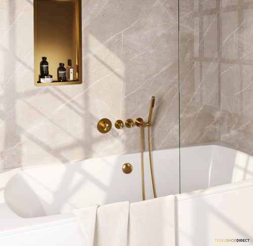 Brauer Stripe thermostatische inbouw badkraan SET 01 met badvulcombinatie en staaf handdouche en doucheslang en wandaansluitbocht goud geborsteld PVD