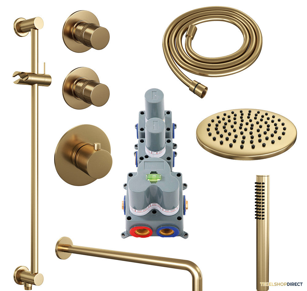 Regendoucheset Inbouw Brauer Gold Edition Thermostatisch 20cm met Gebogen Wandarm, Glijstang en Handdouche Staaf Losse Stopkranen Geborsteld Goud – afbeelding 2