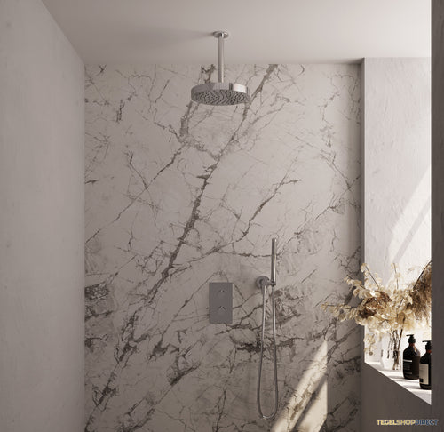 Brauer Stripe thermostatische inbouw regendouche 3-weg rechthoekig SET 15 met 25 cm douchekop en plafondarm en staaf handdouche en doucheslang en wandaansluitbocht chroom