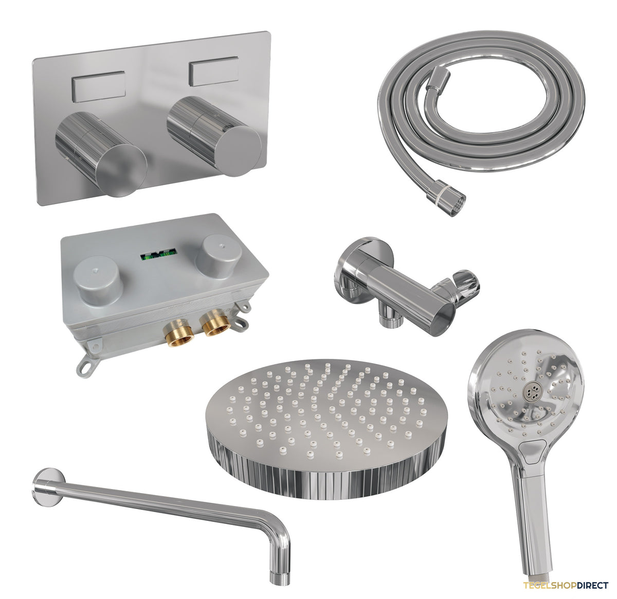 Brauer Stripe thermostatische inbouw regendouche met drukknoppen SET 29 met 25 cm douchekop en gebogen muurarm en 3-standen handdouche en doucheslang en wandaansluitbocht chroom – afbeelding 3