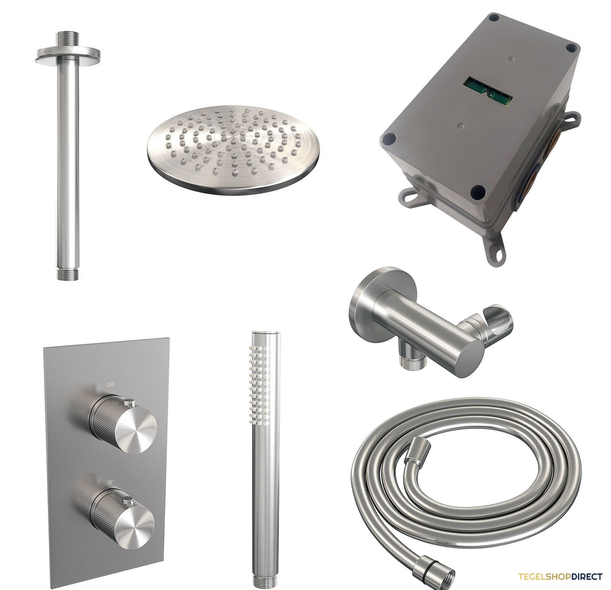 Regendoucheset Inbouw Brauer Brushed Carving Thermostatisch 20cm met 3-Weg Omstelling, Plafondarm en Staaf Handdouche Geborsteld RVS – afbeelding 3