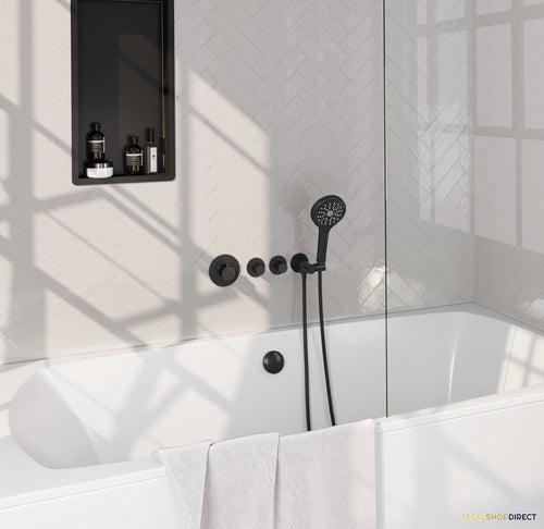 Brauer Stripe thermostatische inbouw badkraan SET 02 met badvulcombinatie en 3-standen handdouche en doucheslang en wandaansluitbocht mat zwart