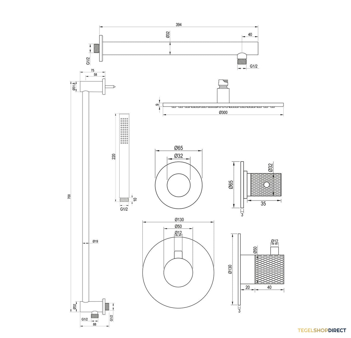 Regendoucheset Inbouw Brauer Brushed Carving Thermostatisch 30cm met Wandarm, Glijstang en Handdouche Staaf Losse Stopkranen Geborsteld RVS – afbeelding 12