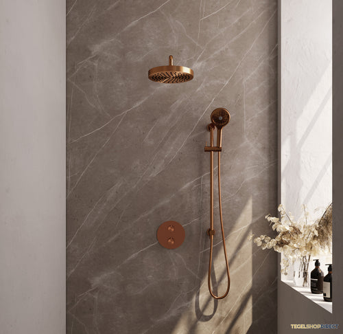 Brauer Stripe thermostatische inbouw regendouche 3-weg rond SET 47 met 25 cm douchekop en gebogen muurarm en 3-standen handdouche en doucheslang en geintegreerde glijstang koper geborsteld PVD