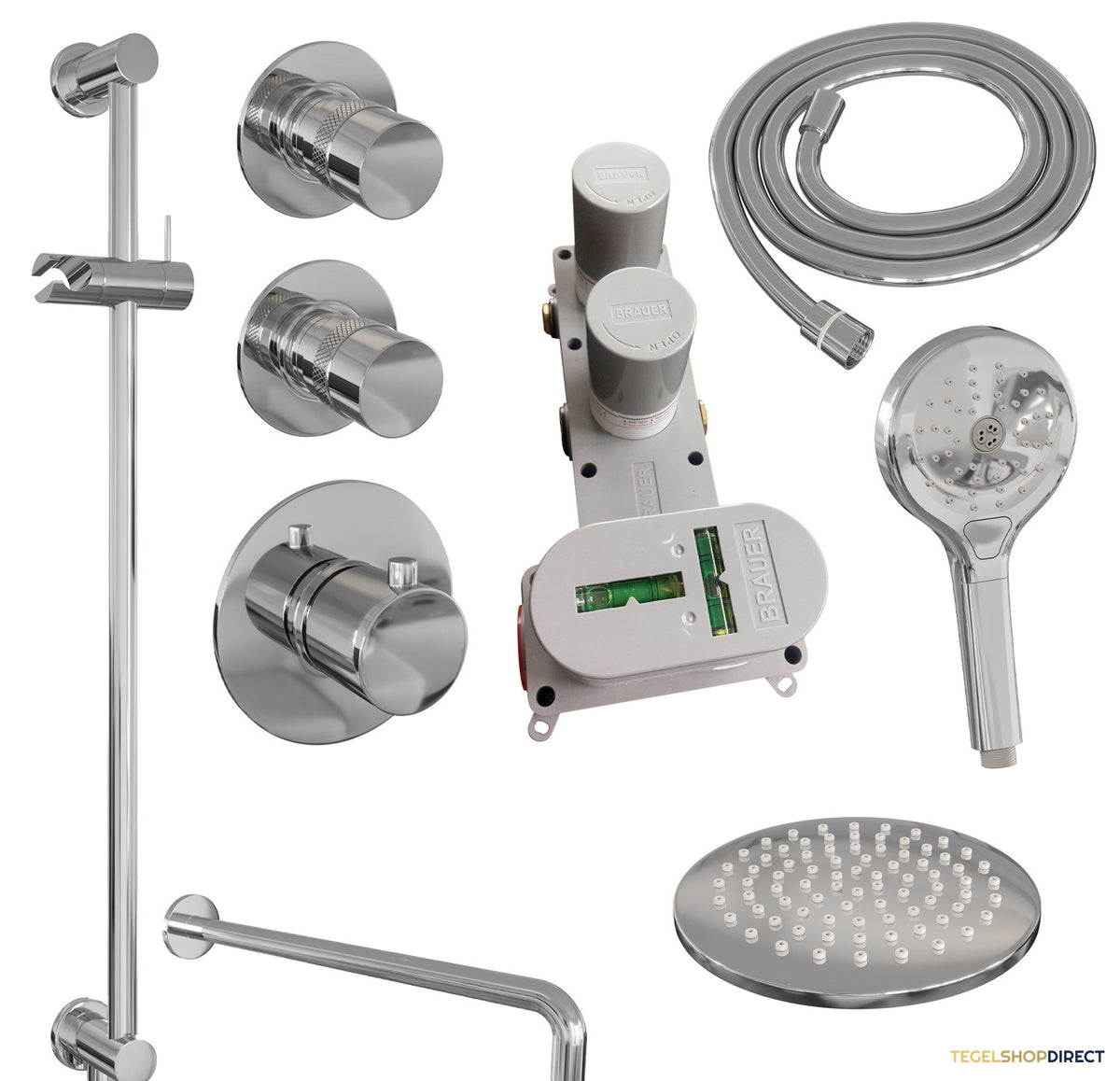 Regendoucheset Inbouw Brauer Chrome Edition Thermostatisch 20cm met Gebogen Wandarm, Glijstang en Handdouche 3-Standen Losse Stopkranen Chroom – afbeelding 10