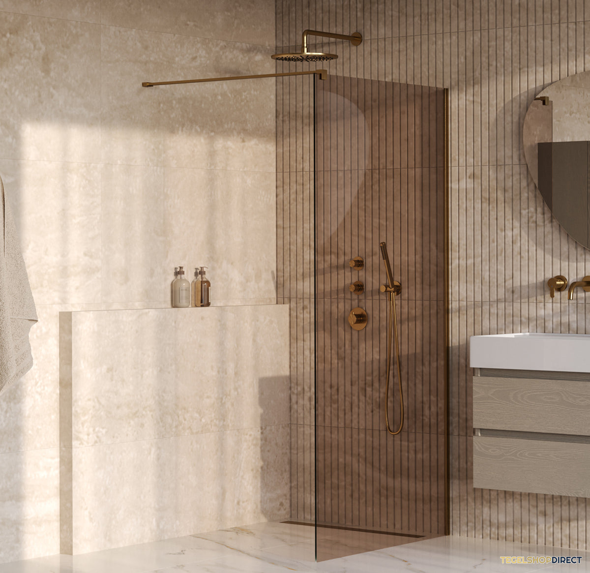 BRAUER Oblivion inloopdouche brons glas 100x200 incl. glascoating PVD goud geborsteld