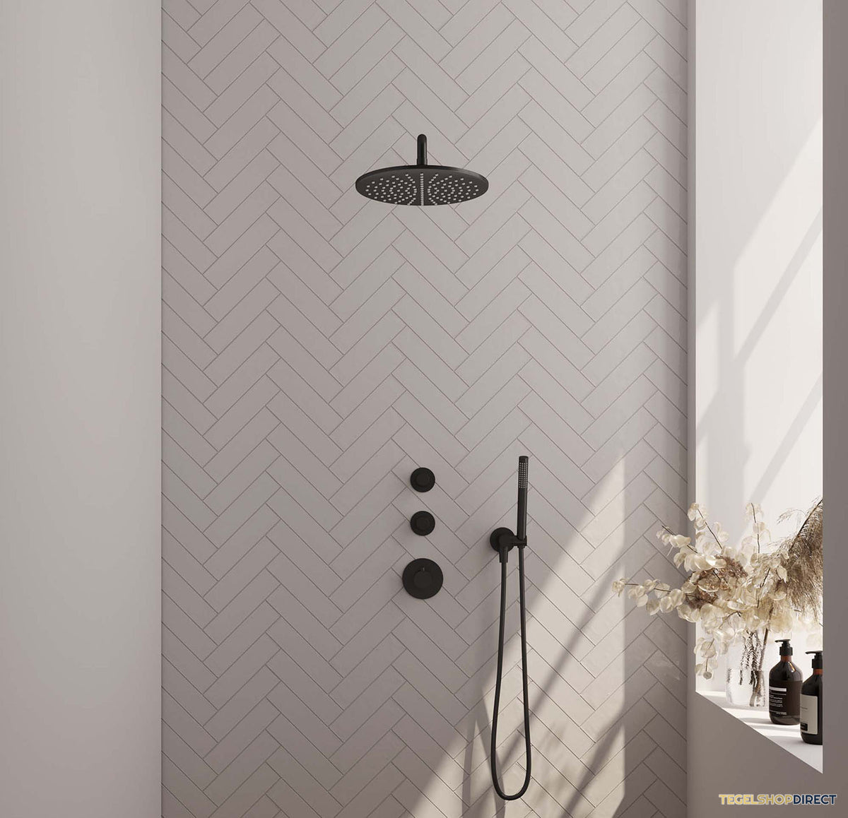 Inbouw Regendouche Set Brauer Black Edition Gebogen Wanduitloop Ronde Hoofddouche 30 cm Met Twee Stopkranen Mat Zwart