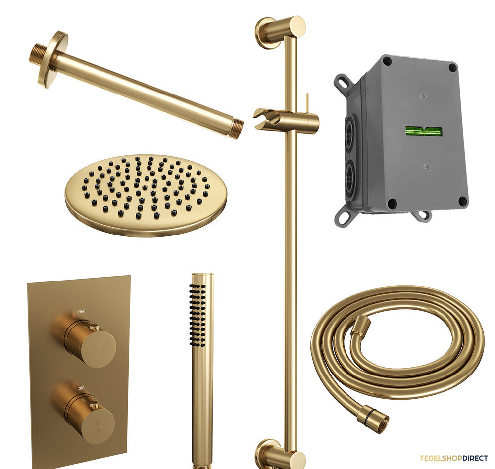 Regendoucheset Inbouw Brauer Gold Edition Thermostatisch 20cm met 3-Weg Omstelling, Plafondarm, Glijstang en Staaf Handdouche Geborsteld Goud – afbeelding 2