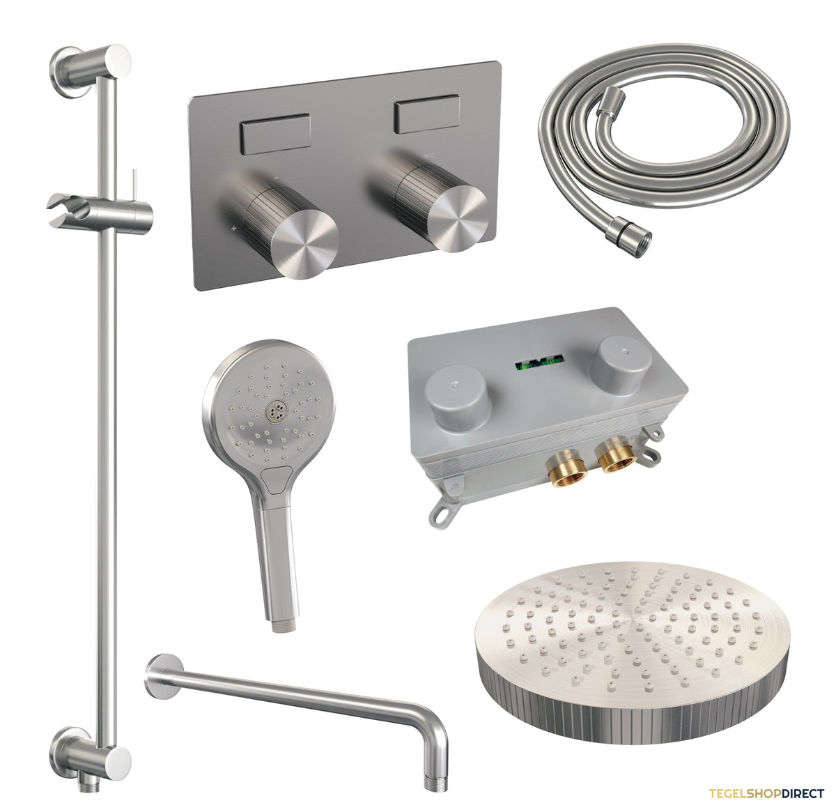 Brauer Stripe thermostatische inbouw regendouche met drukknoppen SET 35 met 25 cm douchekop en gebogen muurarm en 3-standen handdouche en doucheslang en geintegreerde glijstang RVS-kleurig geborsteld PVD – afbeelding 3