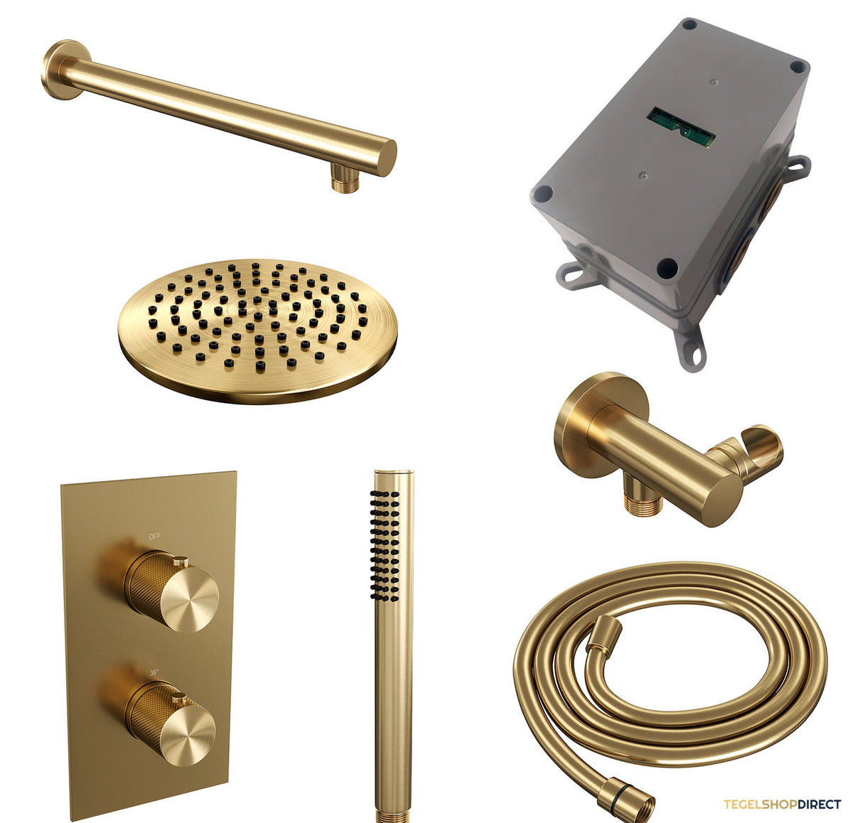 Regendoucheset Inbouw Brauer Gold Carving Thermostatisch 20cm met 3-Weg Omstelling, Wandarm en Staaf Handdouche Geborsteld Goud – afbeelding 4