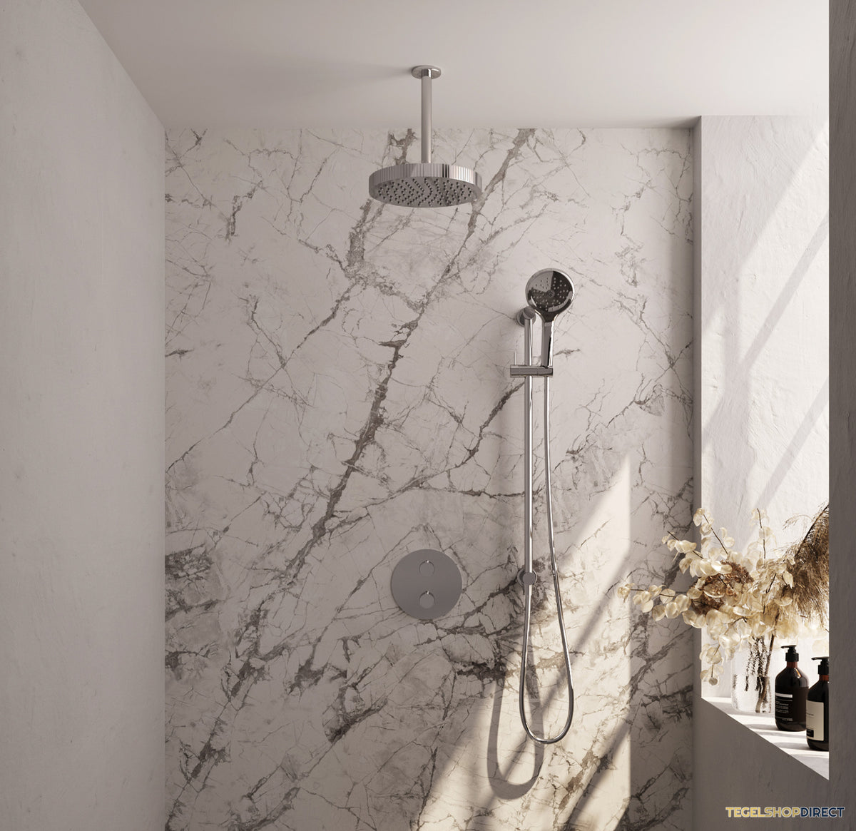 Brauer Stripe thermostatische inbouw regendouche 3-weg rond SET 48 met 25 cm douchekop en plafondarm en 3-standen handdouche en doucheslang en geintegreerde glijstang chroom