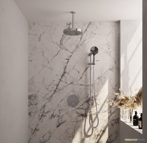 Brauer Stripe thermostatische inbouw regendouche 3-weg rond SET 48 met 25 cm douchekop en plafondarm en 3-standen handdouche en doucheslang en geintegreerde glijstang chroom