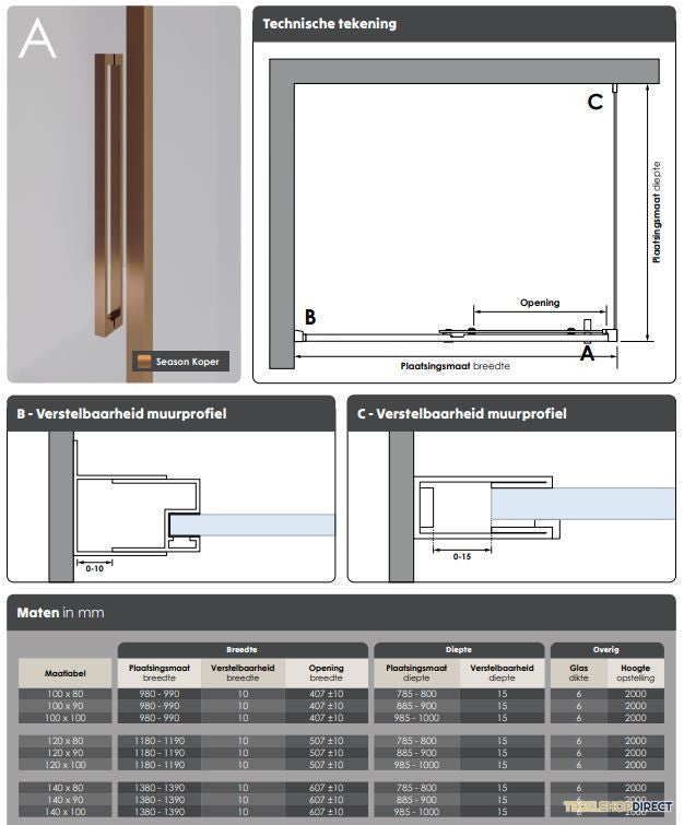 BRAUER Season nisdeur model B met schuifdeur helder glas 120x200 omkeerbaar incl. glascoating Season-Koper – afbeelding 4