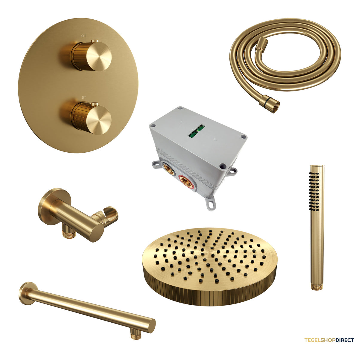 Brauer Stripe thermostatische inbouw regendouche 3-weg rond SET 37 met 25 cm douchekop en rechte muurarm en staaf handdouche en doucheslang en wandaansluitbocht goud geborsteld PVD – afbeelding 3