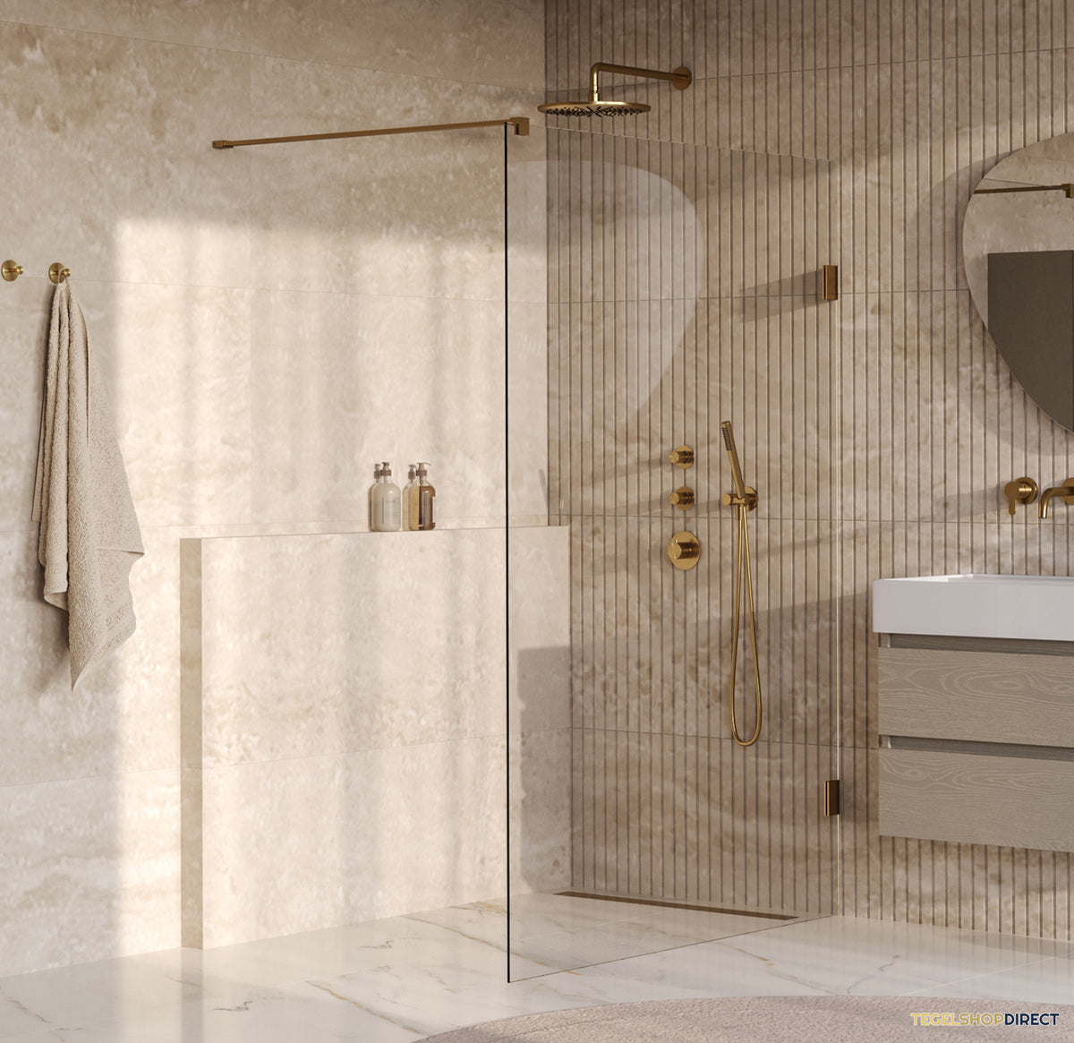 BRAUER Void inloopdouche helder glas 130x200 incl. glascoating PVD goud geborsteld