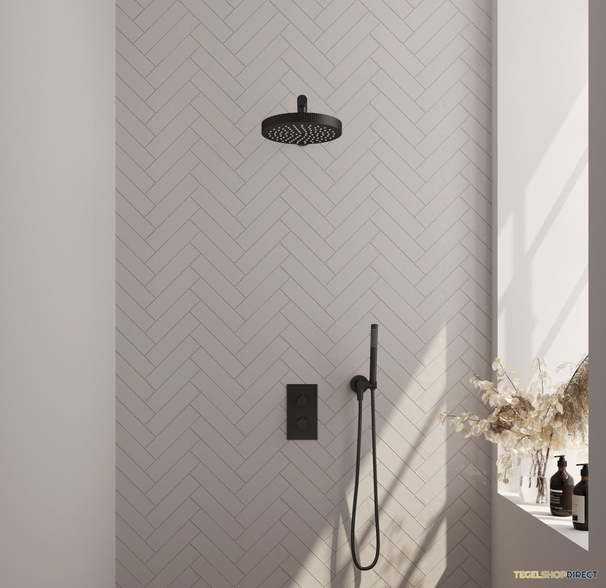 Brauer Stripe thermostatische inbouw regendouche 3-weg rechthoekig SET 13 met 25 cm douchekop en rechte muurarm en staaf handdouche en doucheslang en wandaansluitbocht mat zwart