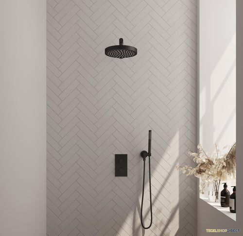 Brauer Stripe thermostatische inbouw regendouche 3-weg rechthoekig SET 13 met 25 cm douchekop en rechte muurarm en staaf handdouche en doucheslang en wandaansluitbocht mat zwart