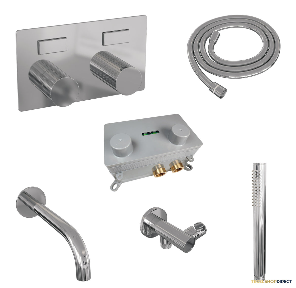Brauer Stripe thermostatische inbouw badkraan met drukknoppen SET 03 met uitloop en staaf handdouche en doucheslang en wandaansluitbocht chroom – afbeelding 2