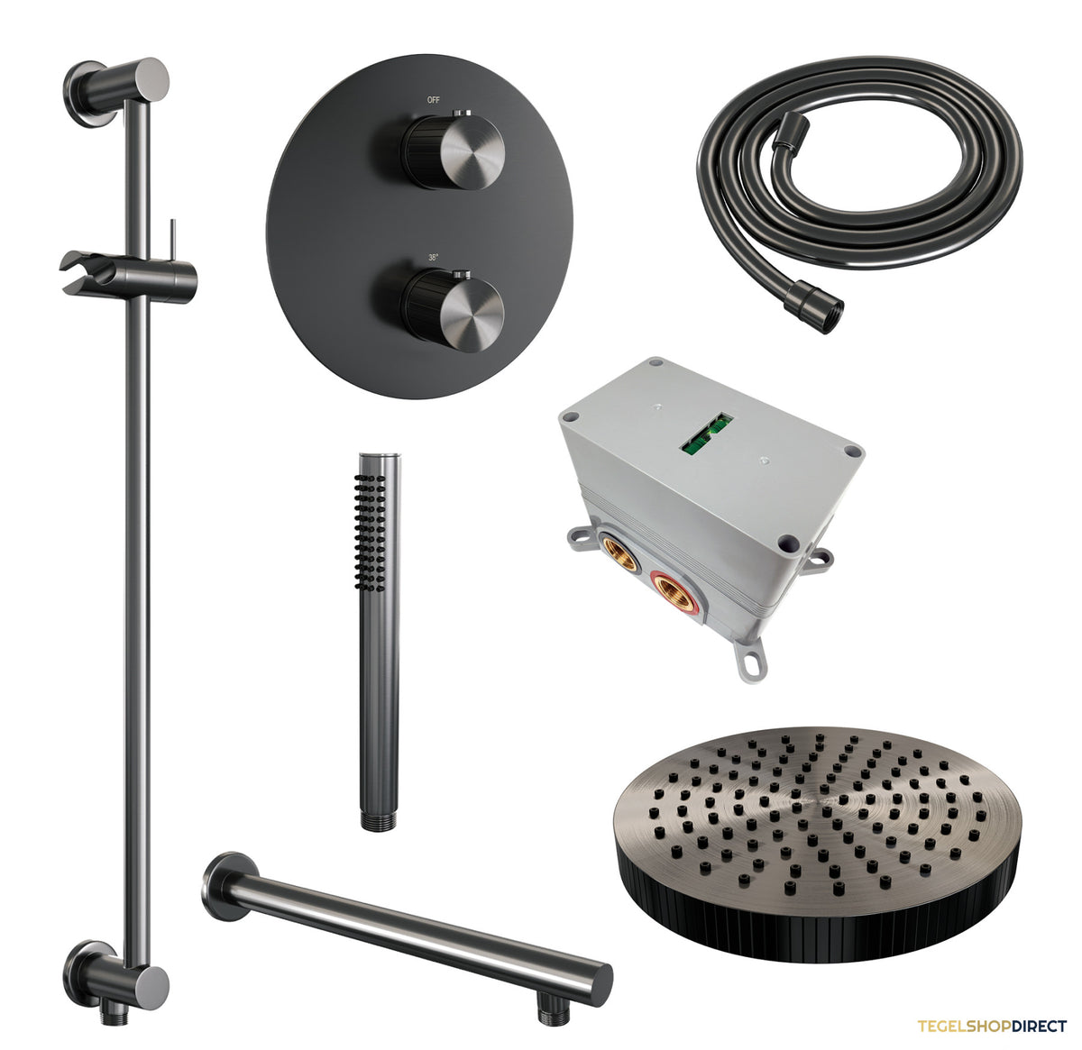 Brauer Stripe thermostatische inbouw regendouche 3-weg rond SET 43 met 25 cm douchekop en rechte muurarm en staaf handdouche en doucheslang en geintegreerde glijstang gunmetal geborsteld PVD – afbeelding 3