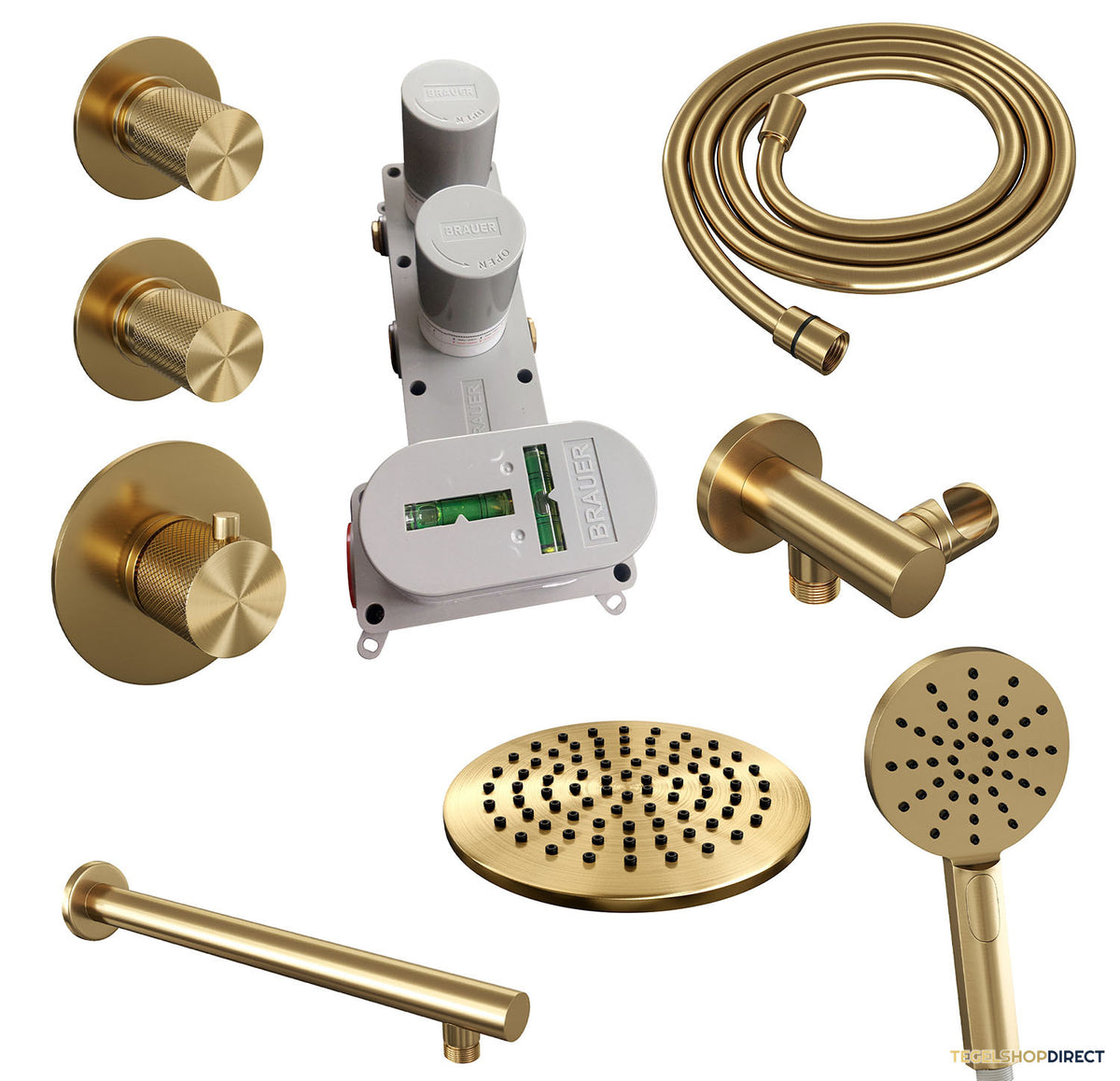 Regendoucheset Inbouw Brauer Gold Carving Thermostatisch 20cm met Wandarm en Handdouche 3-Standen Losse Stopkranen Geborsteld Goud – afbeelding 4