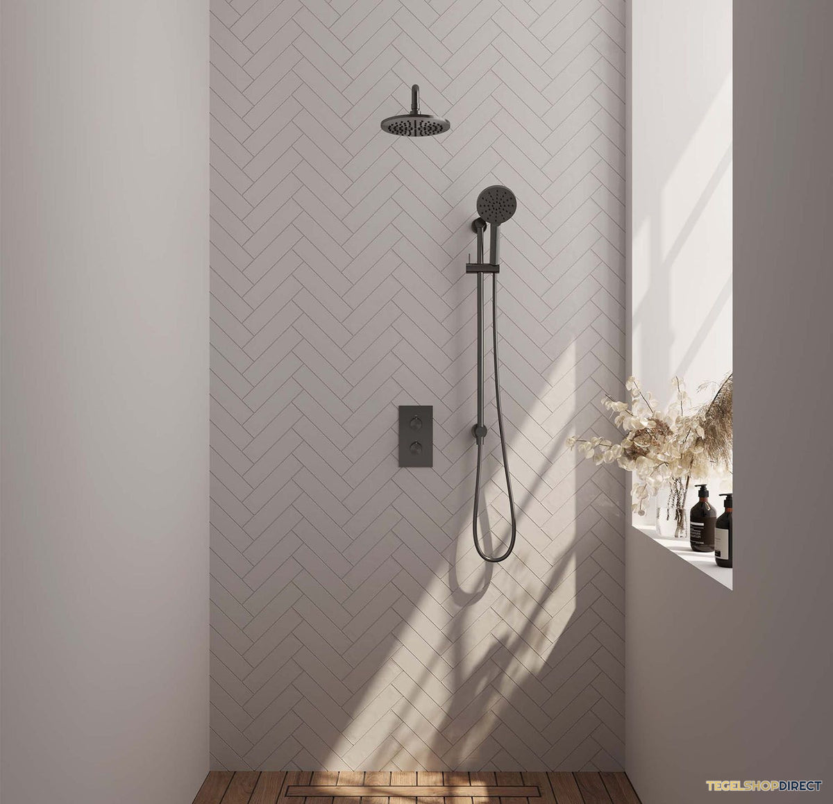 Brauer Inbouw Regendouche | Gunmetal Edition | 20cm Stortdouche met gebogen wandarm en handdouche | Geborsteld Gunmetal – afbeelding 2